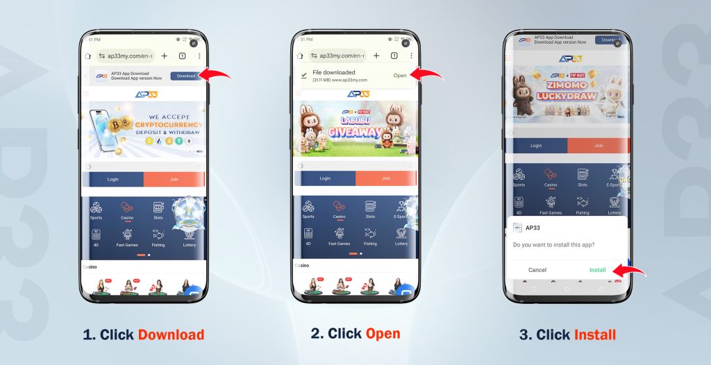 Android AP33 APK Download Guide showing Step 1 to Step 3 with instructions to Download, Open, and Install the app