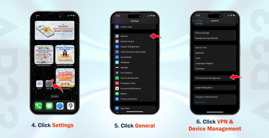 AP33 iOS App Download Guide steps 4 to 6: Open Settings, select General, and click VPN & Device Management
