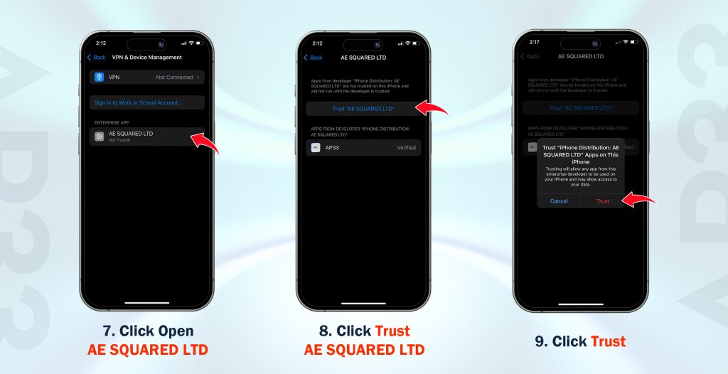 AP33 iOS App Download Guide steps 7 to 9: Open AE SQUARED LTD, select Trust, and confirm Trust to complete installation
