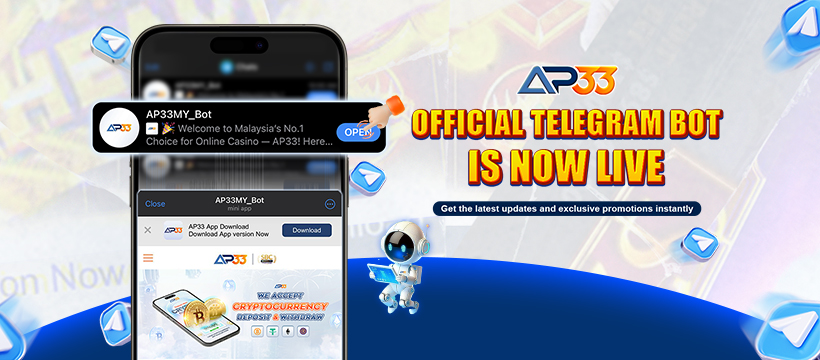 AP33 official Telegram bot promotional banner showcasing a smartphone interface, a robot mascot, and bold text announcing the bot is now live.
