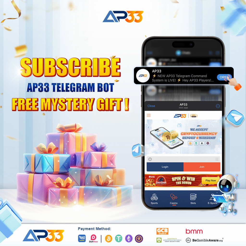 AP33 promotional banner showing Subscribe to AP33 Telegram Bot with Free Mystery Gift offer, featuring gift boxes, a smartphone display of the AP33 mini app, and supported payment methods including crypto and e-wallets.