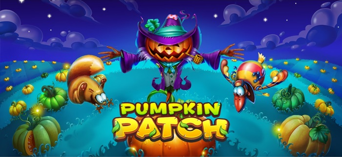 Pumpkin Patch slot by Habanero – harvest fun and festive wins in this bright Halloween-themed adventure. “Pumpkin Patch” slot game artwork featuring a cheerful scarecrow with a pumpkin head, playful animals, and a colorful pumpkin-filled field under a night sky.