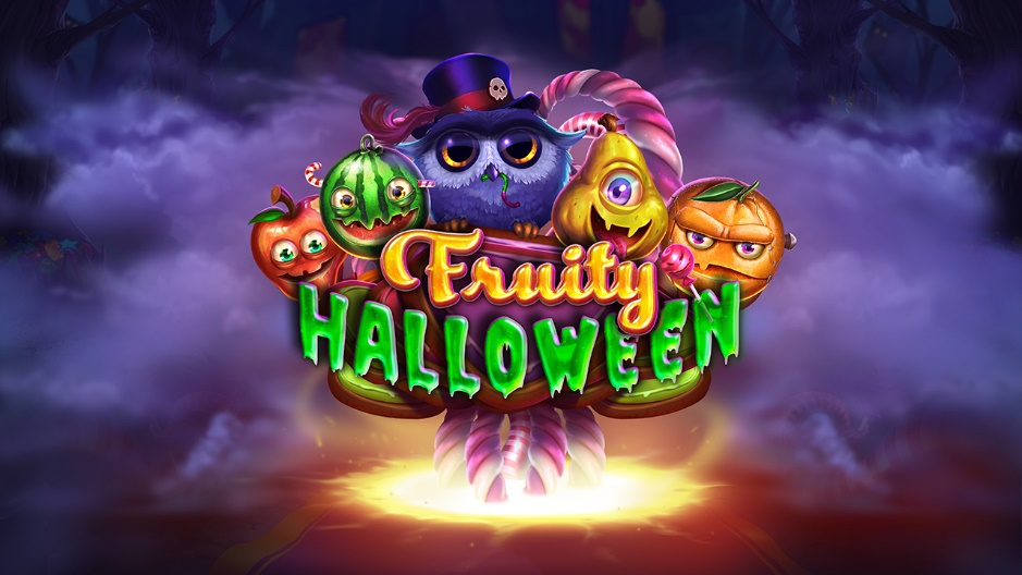 Fruity Halloween slot by Habanero – a playful mix of fruit, fright, and festive fun. “Fruity Halloween” slot game artwork featuring colorful fruit characters with spooky faces, a purple owl in a top hat, and glowing fog in a dark forest setting.
