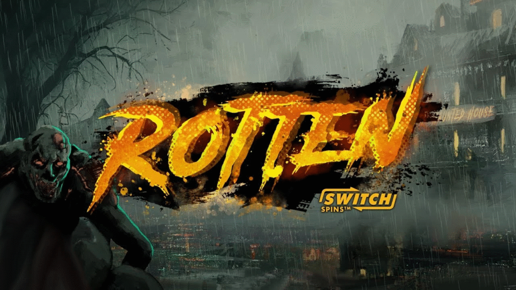Rotten slot by Hacksaw Gaming – survive the apocalypse in this eerie, action-packed Halloween game. “Rotten” slot game artwork featuring a zombie in a dark, rainy cityscape with the game’s bold yellow logo and a haunted house in the background.