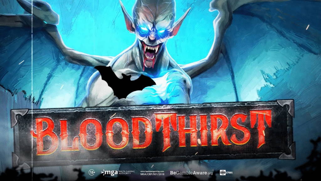 Bloodthirst slot by Hacksaw Gaming – unleash your inner vampire in this dark, high-stakes Halloween adventure. “Bloodthirst” slot game artwork showing a fierce vampire creature with glowing eyes and wings, looming over the game’s red gothic logo on a dark, eerie background.
