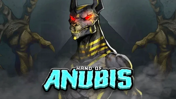Hand of Anubis slot by Hacksaw Gaming – descend into the underworld and uncover divine rewards. “Hand of Anubis” slot game artwork featuring the Egyptian god Anubis with glowing red eyes and golden armor, surrounded by dark mist and ancient pyramids.