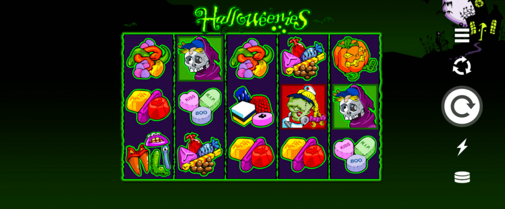 Halloweenies slot by Microgaming – enjoy sweet spins and spooky fun in this classic Halloween-themed game. “Halloweenies” slot game screen featuring colorful Halloween-themed symbols like pumpkins, skulls, zombies, candy, and spooky treats on bright green reels.