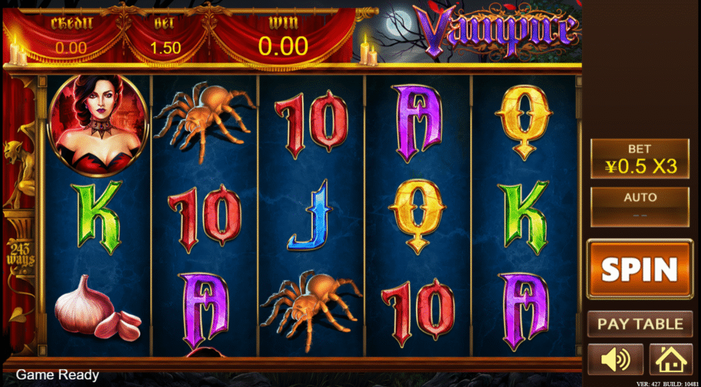 Vampire slot by Playstar – enter the gothic world of fangs, fortune, and thrilling night spins. “Vampire” slot game screen featuring gothic-themed symbols such as a vampire woman, spiders, garlic, and ornate playing card icons on dark blue reels.