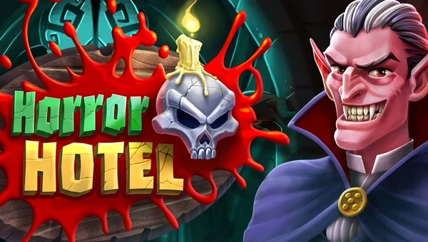 Horror Hotel slot by Relax Gaming – check in for spooky spins and fang-tastic Halloween wins. “Horror Hotel” slot game artwork featuring a grinning vampire character beside a dripping red logo with a skull and candle, set in a spooky gothic hotel scene.