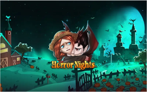 Horror Nights slot by Royal Slot Gaming – step into a spooky love story filled with eerie thrills and Halloween rewards. “Horror Nights” slot game artwork featuring a frightened woman and a vampire embracing in front of a haunted castle under a glowing blue moon, with pumpkins and bats in the night sky.
