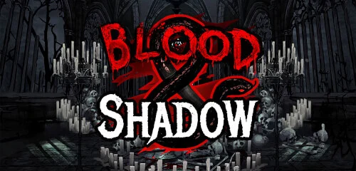 Blood & Shadow slot by NoLimit City – a gothic vampire adventure filled with mystery and dark thrills. Gothic-themed “Blood & Shadow” slot game logo featuring red and white lettering, a serpent-shaped ampersand, and a dark cathedral background with candles and skulls.