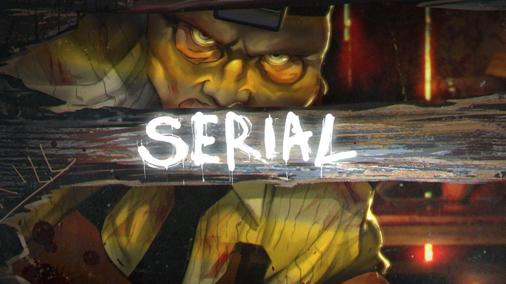 Serial slot by NoLimit City – a dark, cinematic horror experience for fearless players. Dark, intense artwork featuring a menacing figure with glowing eyes and the word “Serial” painted across a wooden surface, representing the horror-themed slot game by NoLimit City.