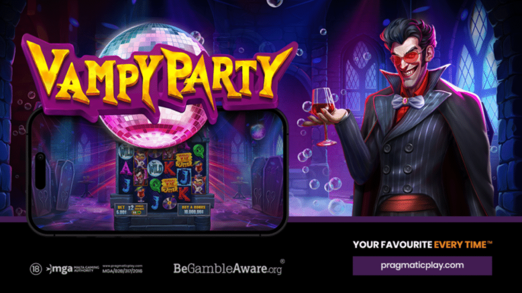 Vampy Party slot by Pragmatic Play – dance with vampires and spin for spooky wins. Promotional artwork for the “Vampy Party” slot game by Pragmatic Play, featuring a stylish vampire holding a wine glass beside a glowing disco ball and slot machine screen.