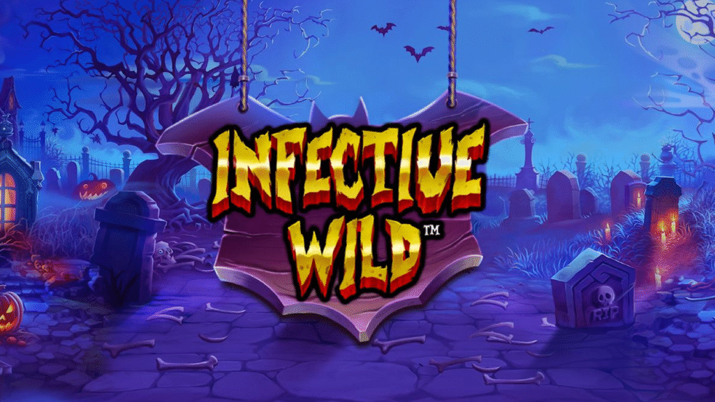 Infective Wild slot by Pragmatic Play – a thrilling zombie-themed Halloween adventure. "Infective Wild” slot game title displayed on a bat-shaped sign in a spooky graveyard with tombstones, pumpkins, and eerie blue lighting.