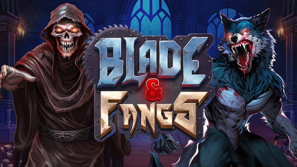 Blade & Fangs slot by Pragmatic Play – battle between vampires and werewolves in a thrilling Halloween adventure. “Blade & Fangs” slot game artwork showing a hooded skeleton and a fierce werewolf in a dark gothic castle, highlighting the game’s horror and fantasy theme.