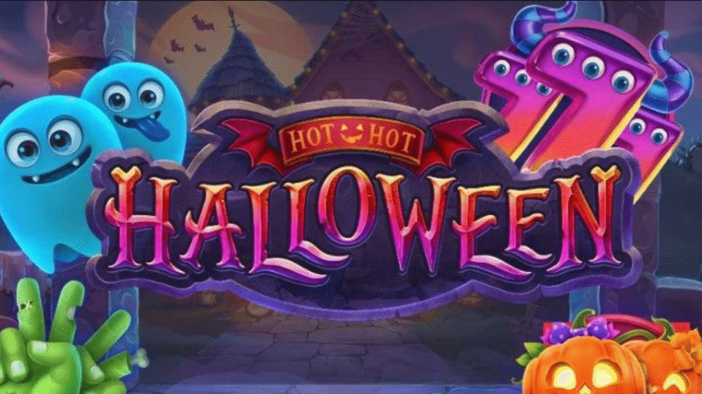 Hot-Hot-Halloween-slot-by-Habanero-–-fun,-festive,-and-frightfully-rewarding-spooky-spins. “Hot Hot Halloween” slot game artwork featuring colorful ghosts, playful monsters, and glowing pumpkins in a spooky yet cheerful haunted village setting.