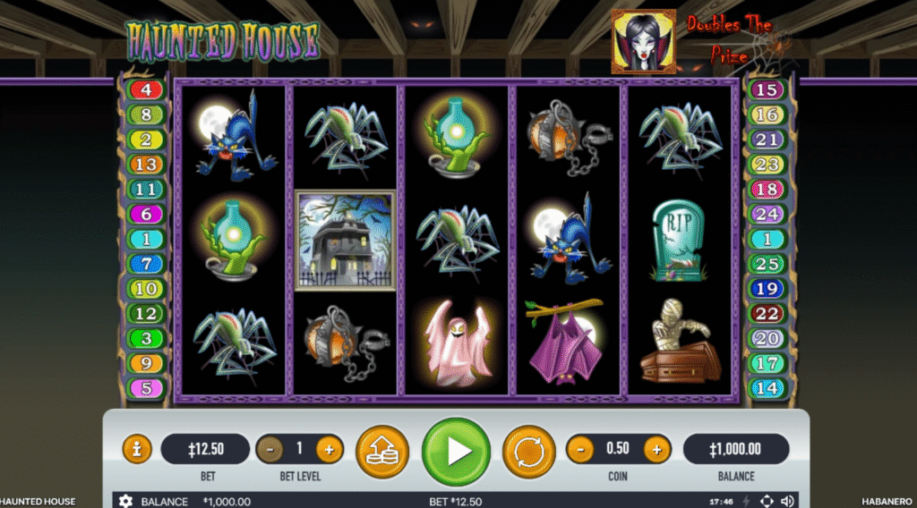 Haunted House slot by Habanero – spin through eerie reels filled with ghosts, ghouls, and big Halloween wins. “Haunted House” slot game screen featuring spooky symbols like ghosts, bats, spiders, tombstones, and a haunted mansion with active paylines and betting controls.