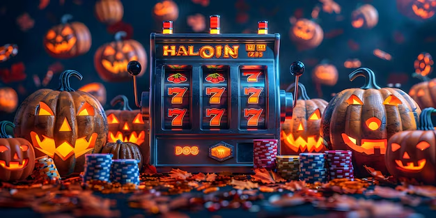 Spooky Halloween slot machine with pumpkins and eerie casino vibes at AP33. Halloween-themed slot machine surrounded by glowing jack-o’-lanterns, poker chips, and autumn leaves, creating a spooky casino atmosphere.